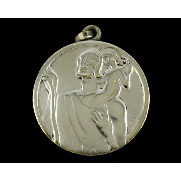St Christopher Large Vintage Mod Medal Pendant Signed Trecy Patron Saint Travel - Picture 2 of 4